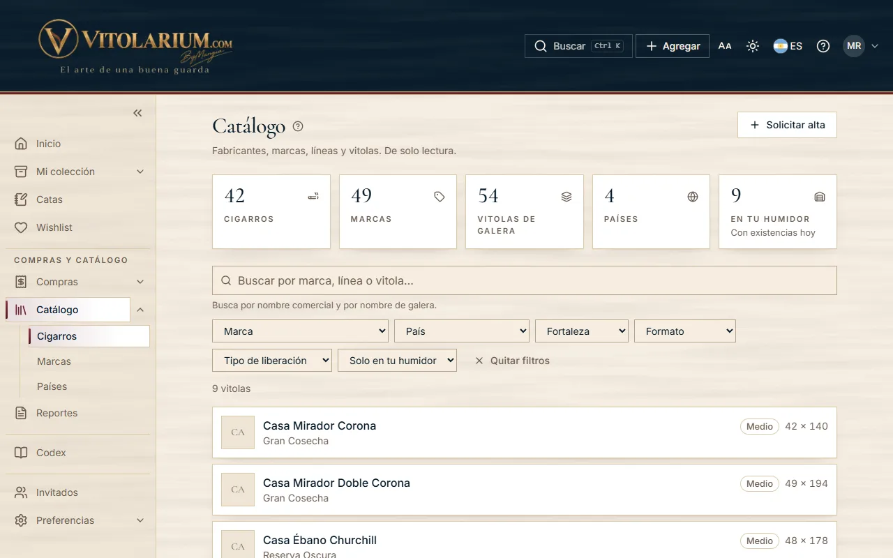 El catálogo de Vitolarium, con marcas de demostración.