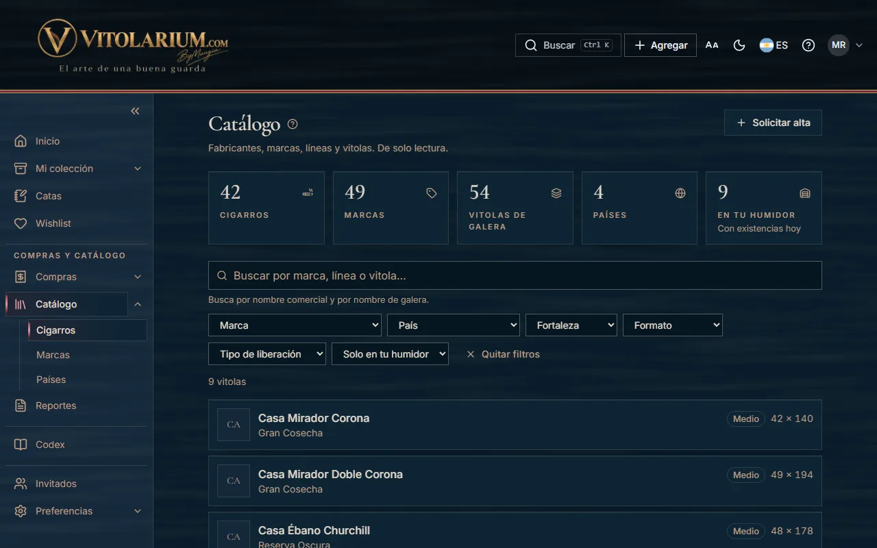 El catálogo de Vitolarium, con marcas de demostración.