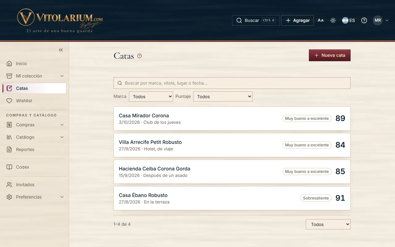 Las notas de cata en Vitolarium, con marcas de demostración.