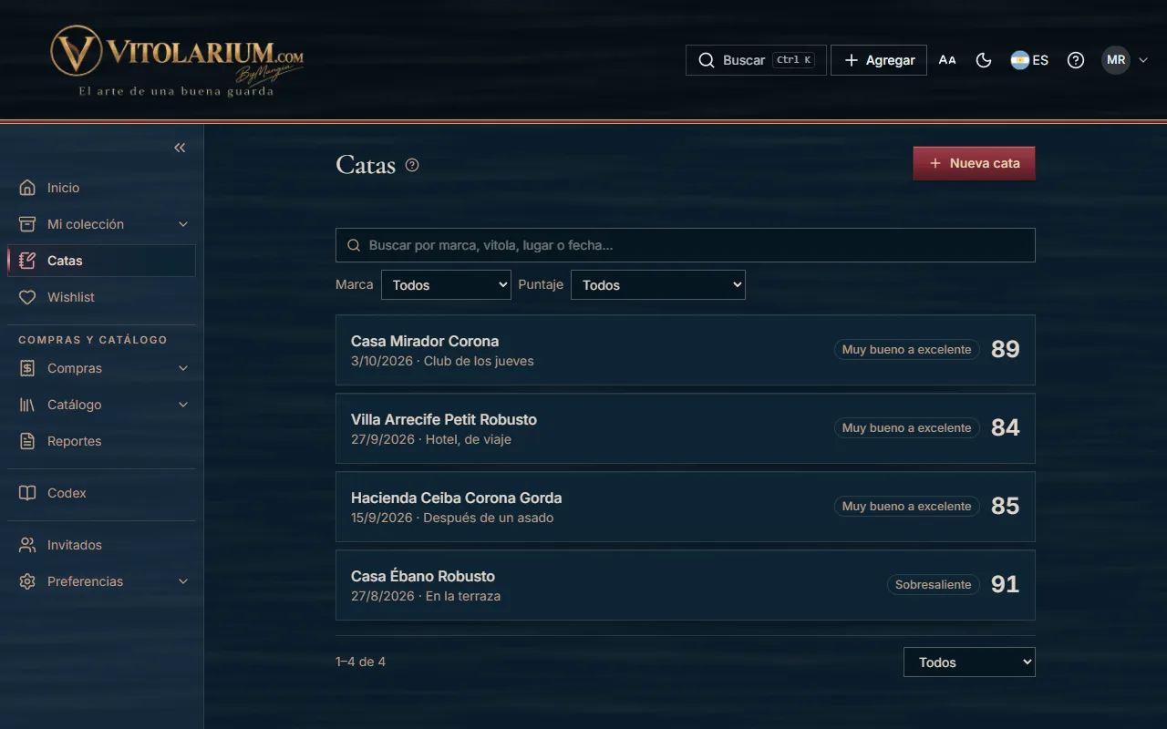 Las notas de cata en Vitolarium, con marcas de demostración.