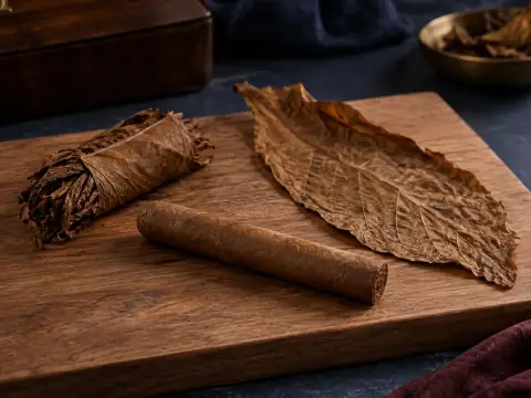 Cigarro sin anilla, hoja exterior y bonche sobre una tabla de cedro.