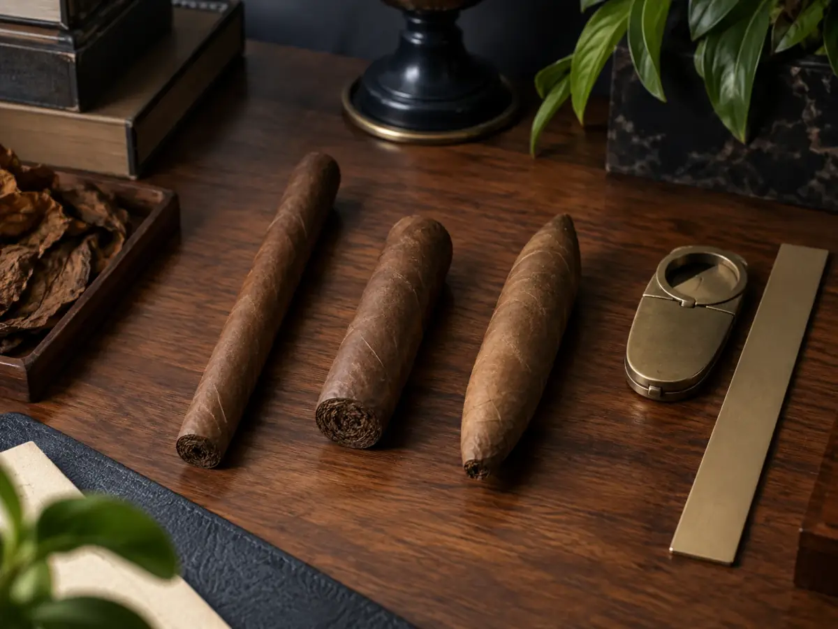 Tres formatos distintos de cigarros junto a instrumentos de medición.