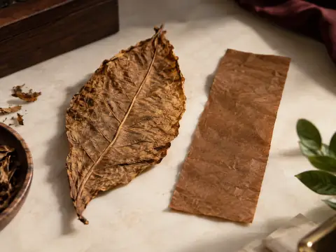 Hoja de tabaco con nervaduras junto a una lámina de textura uniforme.