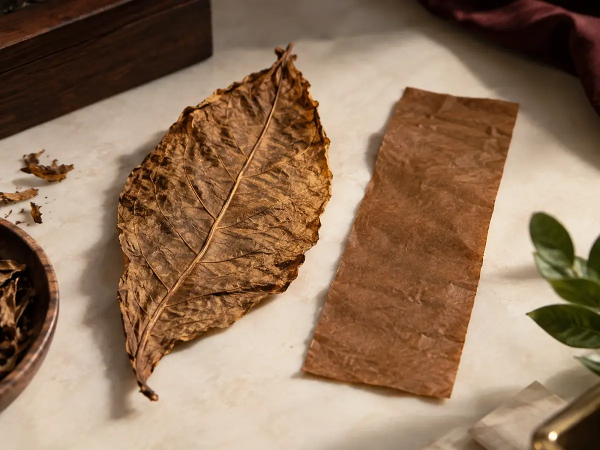 Hoja de tabaco con nervaduras junto a una lámina de textura uniforme.