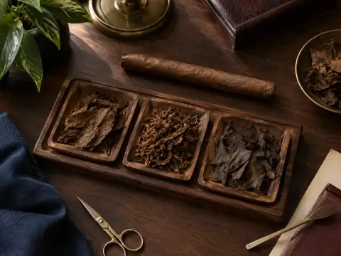 Muestras de hoja trabajada organizadas junto a un cigarro completo.