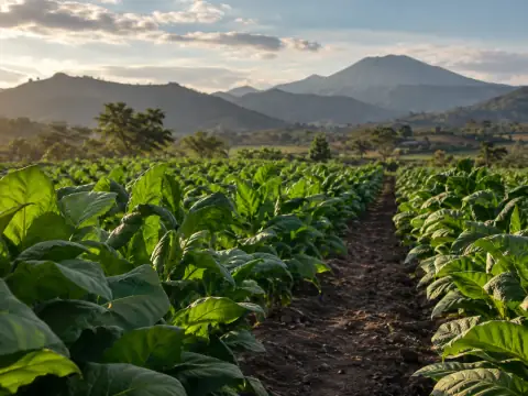 Cultivo de tabaco en un paisaje montañoso centroamericano.