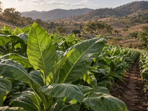 Hojas de tabaco en un campo con lomas al fondo.