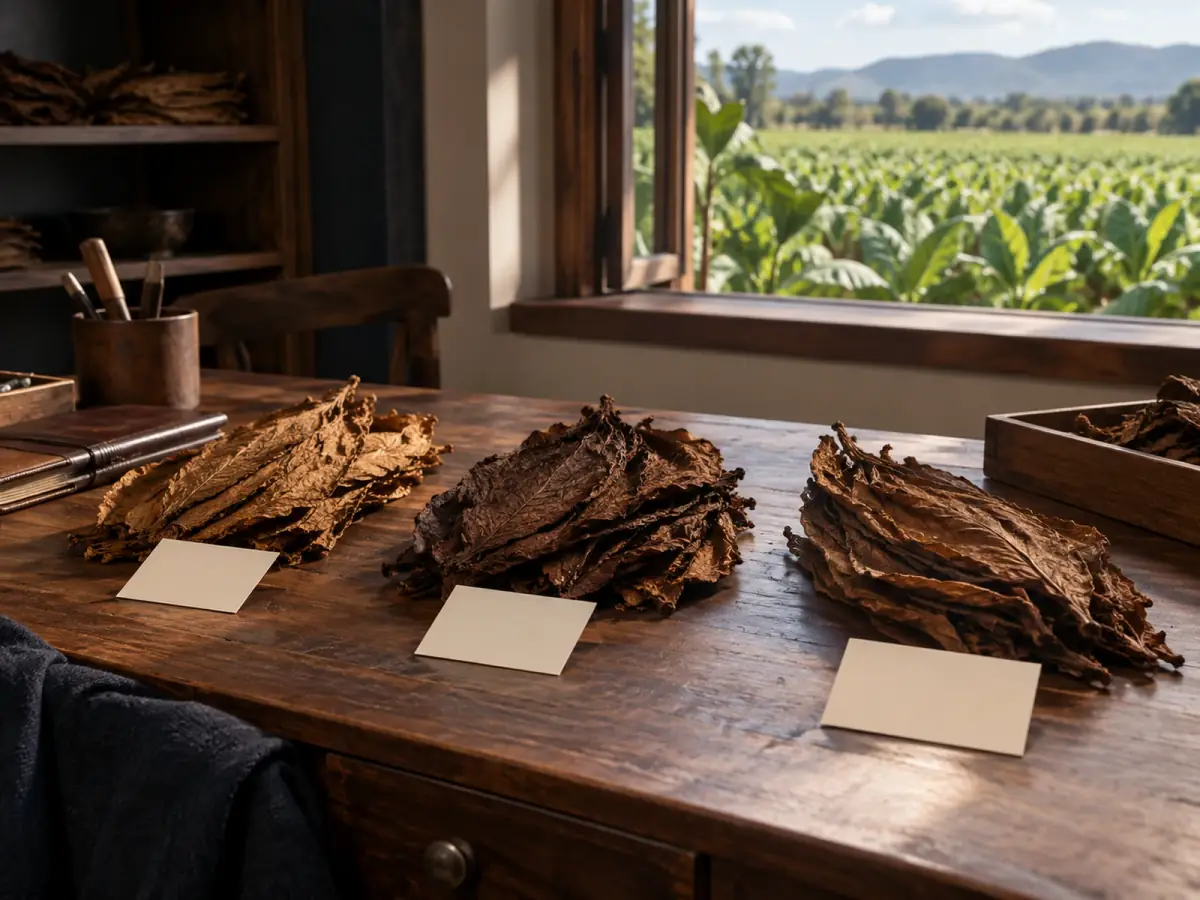 Tres lotes de hojas trabajadas en una mesa agrícola.