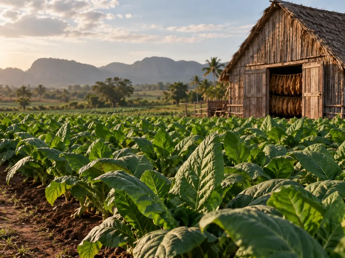 Ilustración de una vega de tabaco y una casa de curado.