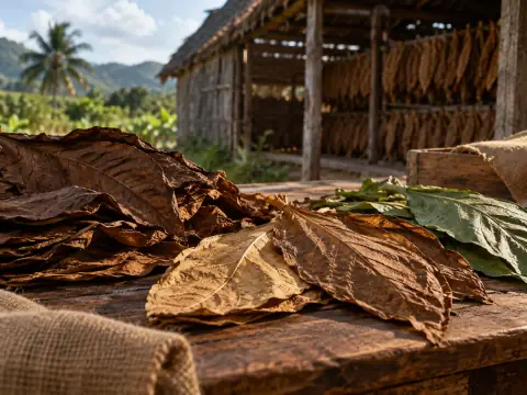 Hojas de tabaco sobre una mesa rural frente a un galpón de curado.