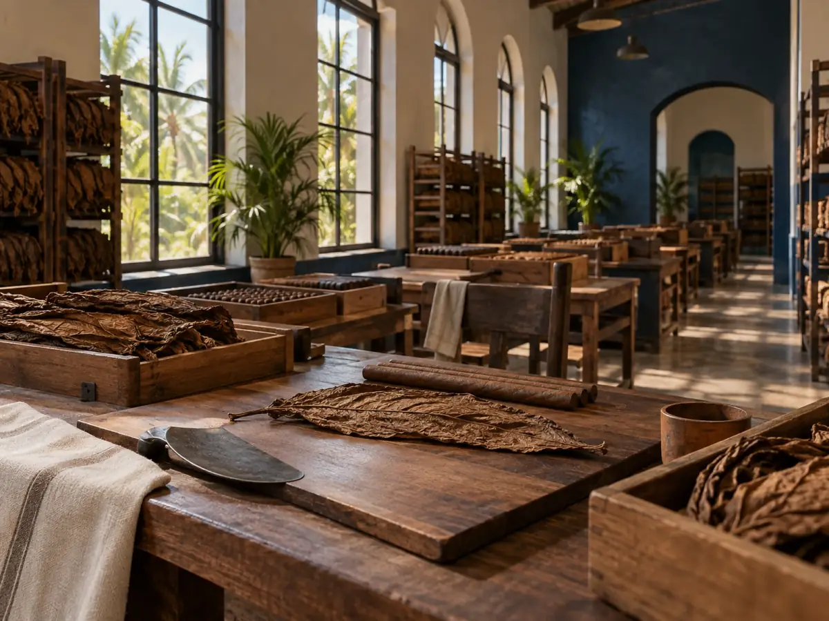 Galería de trabajo con mesas de torcido y bandejas de madera.