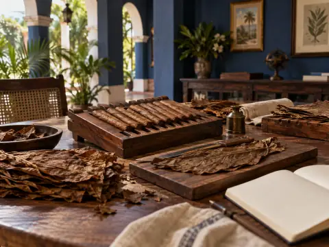 Herramientas y hojas de tabaco organizadas en una mesa de trabajo.