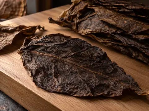 Hoja oscura de tabaco sobre una superficie de cedro.