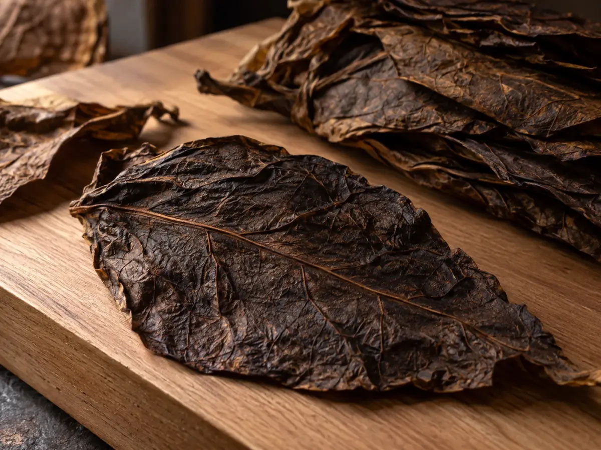 Hoja oscura de tabaco sobre una superficie de cedro.