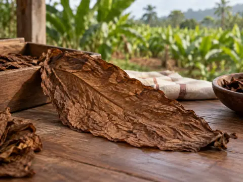 Hoja de tabaco trabajada frente a un fondo agrícola tropical.
