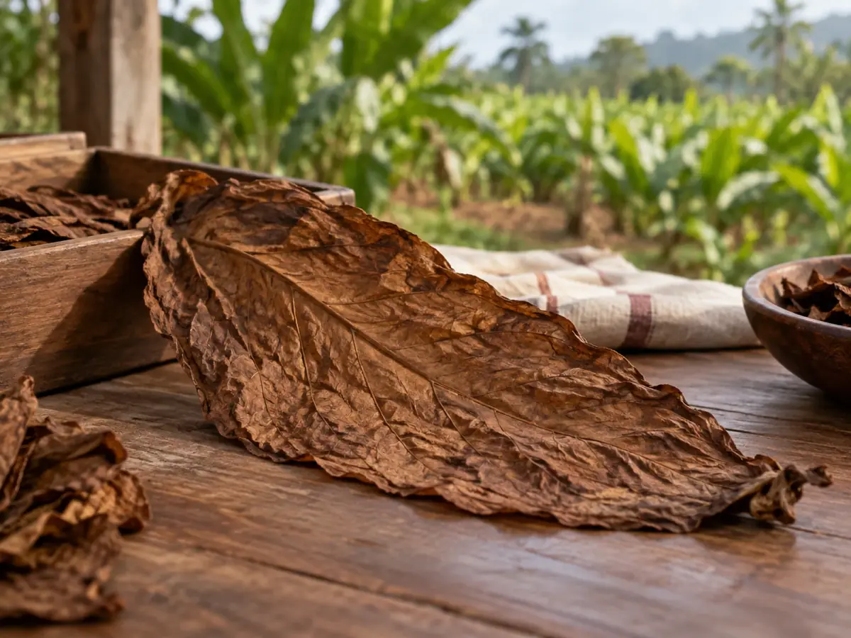 Hoja de tabaco trabajada frente a un fondo agrícola tropical.