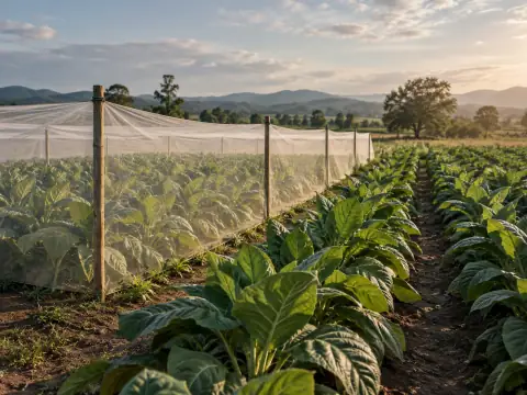 Cultivo de tabaco con sectores bajo malla y al aire libre.