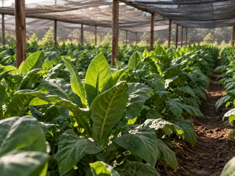 Hileras de tabaco bajo una cubierta de malla en un cultivo templado.