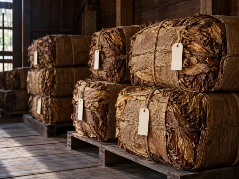 Fardos de hojas de tabaco en un almacén de reposo.