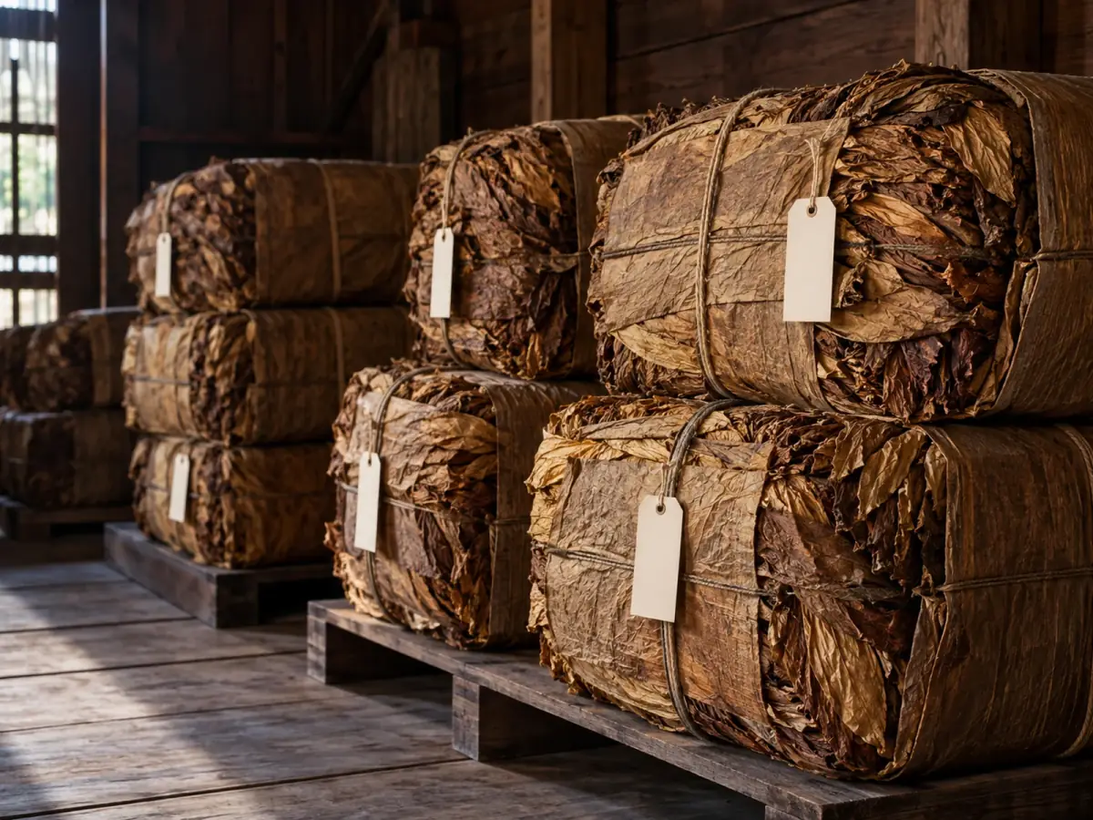 Fardos de hojas de tabaco en un almacén de reposo.