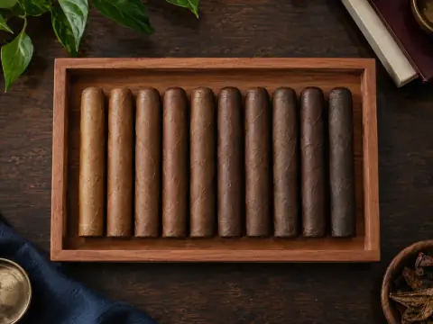 Fila de cigarros sin anilla ordenada por matices de capa.