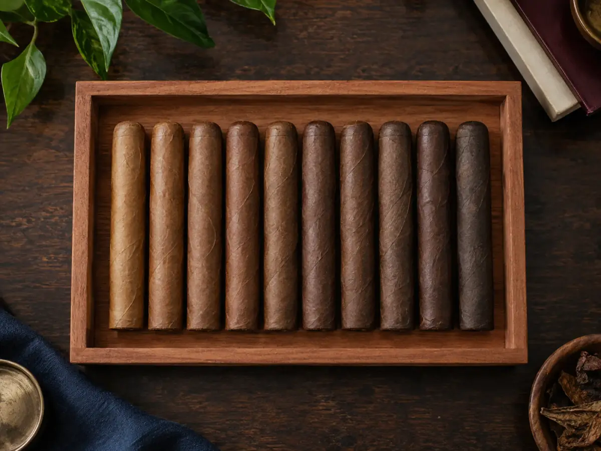 Fila de cigarros sin anilla ordenada por matices de capa.