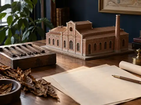 Composición con arquitectura industrial en miniatura y herramientas de taller.