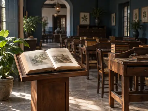Atril con un libro abierto frente a mesas de torcido.