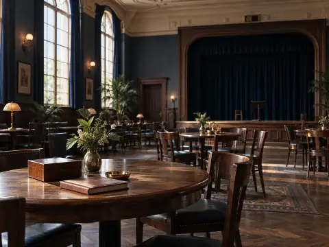 Salón comunitario con sillas y un pequeño escenario vacío.