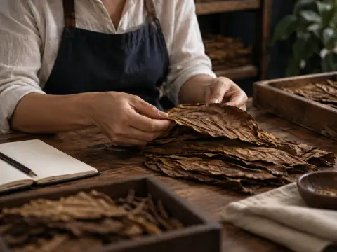 Manos de una trabajadora adulta clasificando hojas de tabaco.