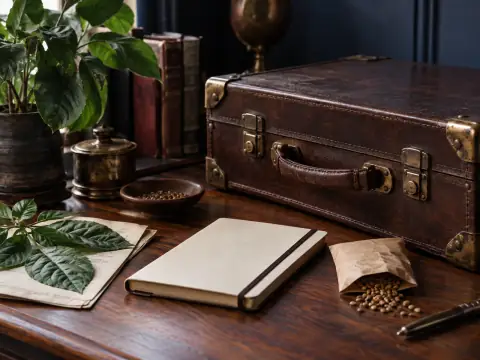 Maleta, cuaderno y hojas de tabaco en una composición de memoria familiar.