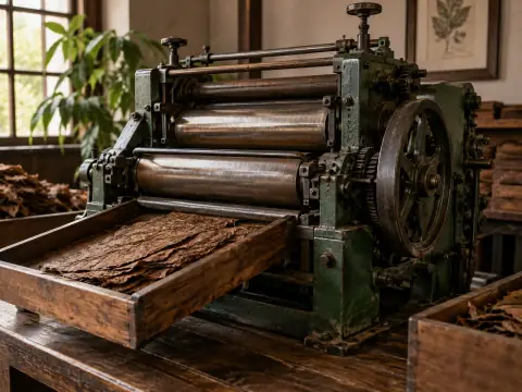 Detalle de una máquina industrial antigua junto a una bandeja de madera.