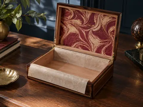 Caja de madera abierta con papeles decorativos y hoja protectora.
