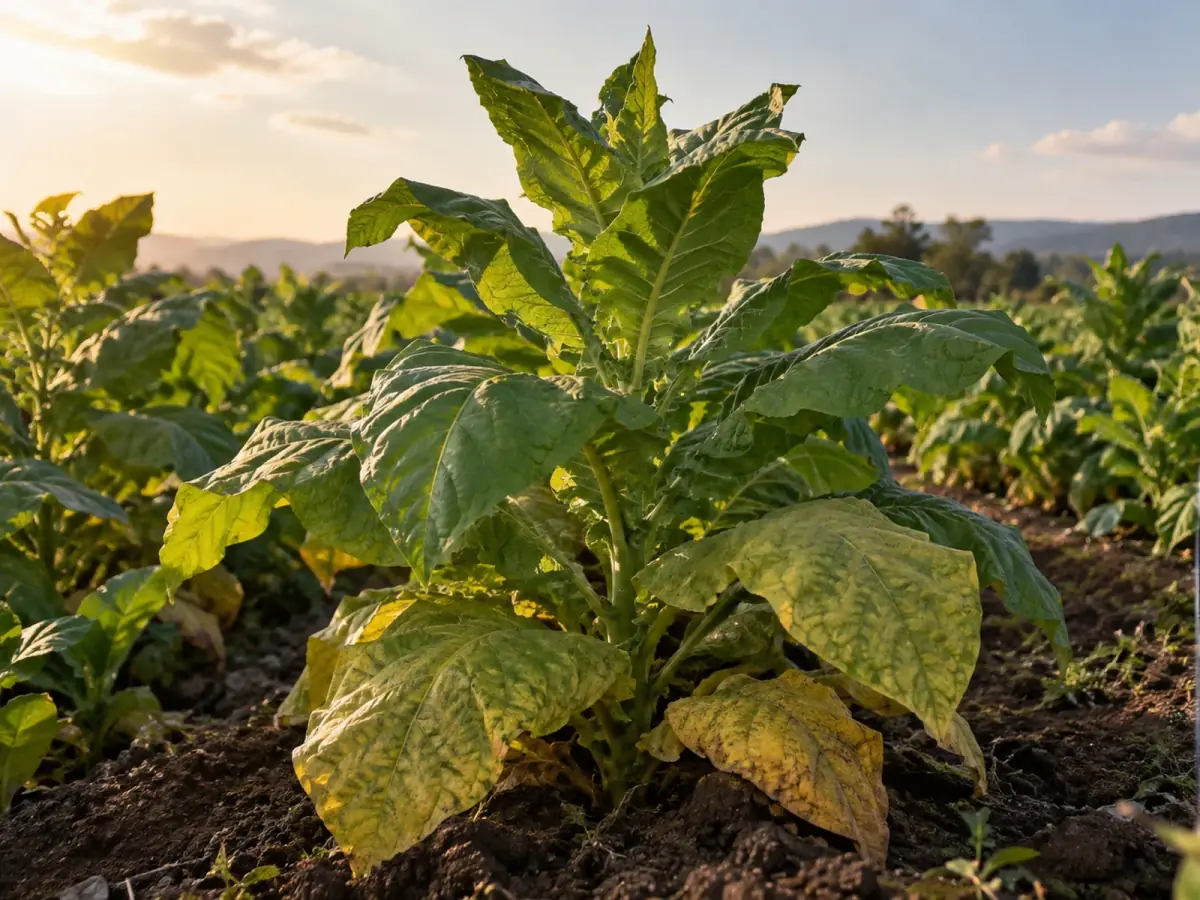 Planta de tabaco con sus niveles de hojas visibles.