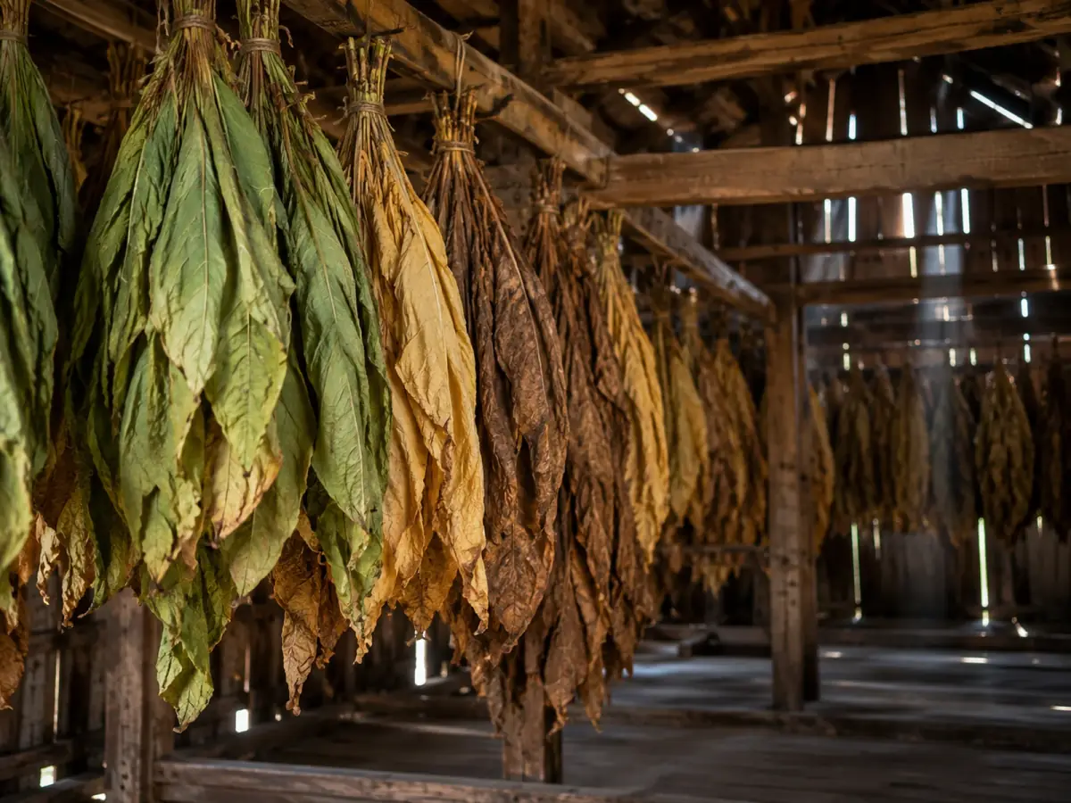 Hojas de diferentes tonos colgadas en una casa de curado.