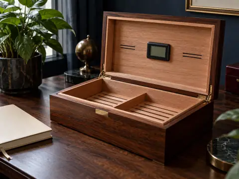 Humidor de cedro con higrómetro y cuaderno de registro.